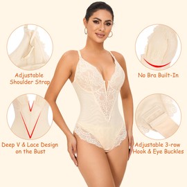 SAYFUT Lace Bodysuit Backless Shapewear for Women V-Neck Tummy Control Thong Body Shaper