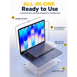 ZOBUU Clear Glitter Case for MacBook Neo 13-inch 2026 A3404, Transparent Starry Hard Shell Cover with Keyboard Cover and Tempered Glass Screen Protector