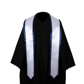 Newrara Deluxe Unisex Adult Plain Graduation Honor Stole Sash with Trim 72" Long (White + Navy Trim)
