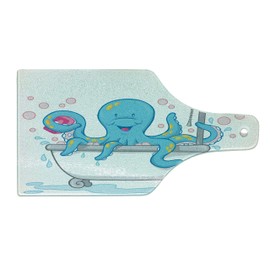 Lunarable Octopus Cutting Board, Cartoon Illustration of Octopus Taking Bubble Bath Tub with Soap in Tentacles, Decorative Tempered Glass Cutting and Serving Board, Wine Bottle Shape, White Blue
