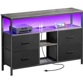 Huuger TV Stand Dresser with Power Outlets and LED Lights, 4 Drawers Entertainment Center with Open Shelf, Media Console for 50 43 Inch TV, Dresser with PU Finish, Grey and Black