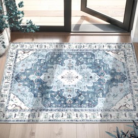 SERISSA Boho Rugs for Entryway, 2x3 Blue Entryway Rug Non-Slip Washable Small Area Rug, Ultra Soft Oriental Vintage Low-Pile Indoor Door Mat Floor Carpet for Entrance Bedroom Kitchen Bathroom