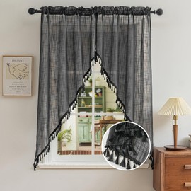 Beda Home Tassel Linen Textured Swag Curtain Valance for Farmhouses’ Kitchen; Light Filtering Rustic Short Swag Topper for Small Windows Bedroom Privacy Added Rod Pocket Design (36W x 63L, Black)