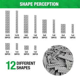 MANNIDOO 360 Pieces Flat Building Plates, 12 Sizes Multipacks Plates Compatible with All Major Brands Pieces, Small Flat Platform Base for Building Bricks, Light Grey