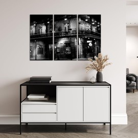 LevvArts Large 3 Piece Bourbon Street New Orleans Canvas Wall Art Black and White City Night Picture Painting for Modern Home Pub Bar Decor 16"x48"x3PCS