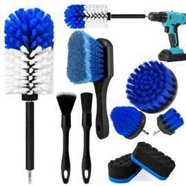 Wheel Brush Kit, Soft Drill Wheel Cleaner Brush, Tire Brush, No Scratches Car Wheel Cleaning Kit for Wheels, Tire, Rims, Engines, Exhaust(Blue + White 9 Pk)