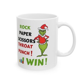 Funny Christmas Mug – Rock, Paper, Scissors, Throat Punch Design Funny Holiday Gift, Festive winter gift, Christmas gift,Ceramic mug size 11oz & 15oz