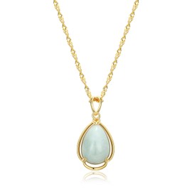 MORGAN & PAIGE .925 Sterling Silver 18K Gold Plated Teardrop Cut Genuine Jade Pendant Necklace for Women - Elegant Green Jade Necklace Gold Wire Frame Design, Teardrop Necklace Singapore Chain 18"