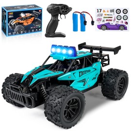 Joellfuner Remote Control Car, 2.4GHz 1:16 Offroad Monster RC Truck, 2WD 20 km/H RC Car with Four Colour LED Light, RC Truggy with High and Low Gears for Children from 3 Years (Cyan)