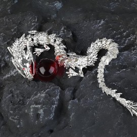 LIYAOLI 3D Printed Dragon Metal Articulated Dragon 2024 Chinese Dragon Statue Silver Dragon 15 Inch Flexible Joints Luck Dragon for Home Office Desk Decoration,with Red Dragon Gemstone Bead