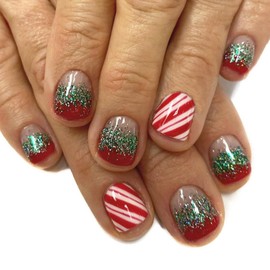 24Pcs Red Green Glitter French Tip Christmas Press on Nails Short Square Fake Nails Red and White Candy Stripe Design Acrylic Nails False Nails Artificial Nails Bling Glitter Stick on Nails for Women