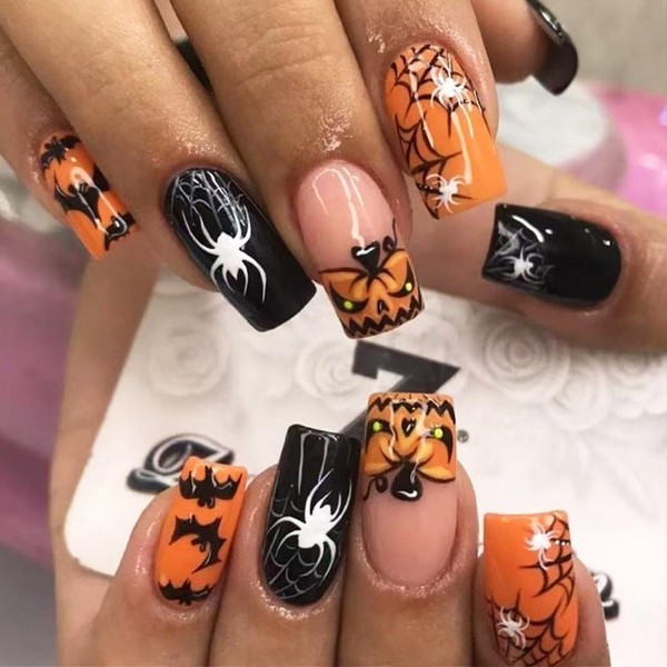 Halloween French Tip Press on Nails Medium Square Gothic Fake