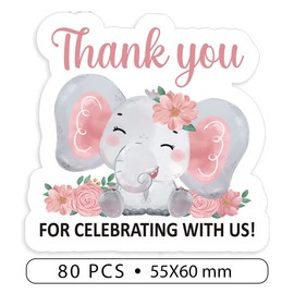 Cute Elephant Baby Girl Shower Thank You Sticker, Thank You for Celebrating with Us Sticker,Pink Elephant Baby Shower Theme Party Supplies Labels Sticker 2.4 Inch (80 PCS)