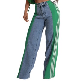 Angsuttc Wide Leg Denim Pants High Waist Patchwork Stripes Loose Jeans Colorblock Straight Leg Pant Green L