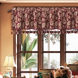 Loom and Mill Elegant Floral Jacquard Valances for Living Room Window, Vintage Window Curtain Valance with Tassel Trim, Rod Pocket Short Curtain 1 Panel for Bedroom Kitchen(Burgundy, 54”x18”)