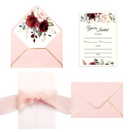 Doris Home 250 GSM 5 x7.3 inch Invitations Cards with Envelopes and Printed Inner Sheets Baby shower (Cream Animals) (Pink With Burgundy Flowers)