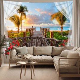 dueeia Beach Window Tapestry Wall Hanging Beachy Coastal Ocean Nature Tropical Landscape Scenic Tapestries for Bedroom Living Room Wall Decor (59.1"x51.2")