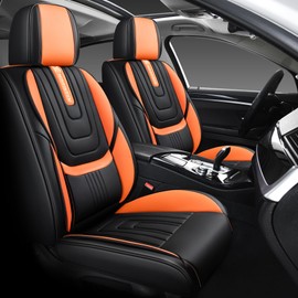 YJZT Leather Car Seat Covers Full Set,Automotive Seat Covers 5 Seats,Fit for Most Cars SUV and Most Sedans Pickup Truck,Comfort Breathable Waterproof Full Wrapping Edge Seat Covers (Black and Orange)
