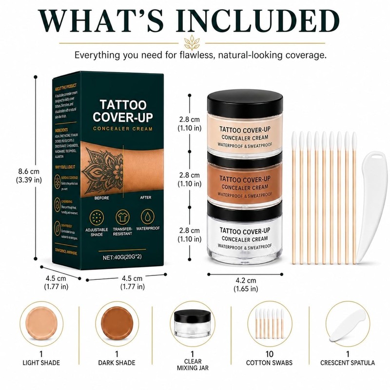 Tattoo Cover Up Makeup Waterproof, 2-Color Concealer Kit for Tattoos