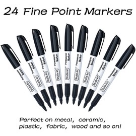 Shuttle Art 24 Black Permanent Markers Fine Tip Markers, Perfect on Plastic, Wood, Stone, Metal and Glass for Doodling, Coloring, Marking, School Supplies