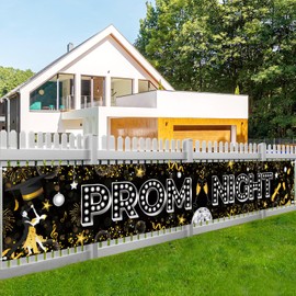 Prom Night Banner 270 x 40cm, Prom Decorations 2025, Black Gold Sliver Graduation Party Photo Backdrop for Graduation Celebrations, Long Fabric Class of 2025 Banner