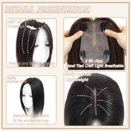 HVVZOY Hair Toppers for Women Real Human Hair， 360°3D Big Basement Cover Topper for Women with Thinning Crown with Wispy Clip in Bangs Realistic Scalp (Dark Brown, Wispy 18INCH)