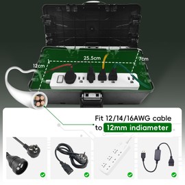 SUPEASY Medium Outdoor Electrical Enclosure, IP54 Weatherproof junction box with 6 cable entrie for safely housing power strips, timers, plugs, and holiday lighting in outdoor environments, Black