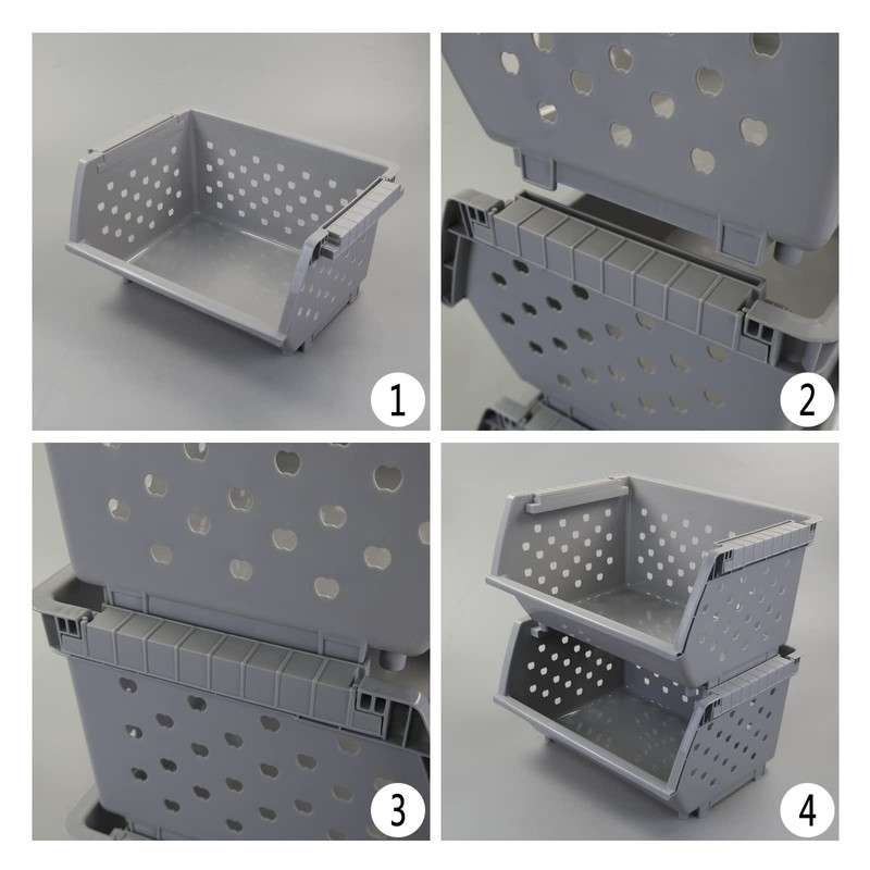 Buyitt 3-Pack Plastic Stackable Storage Baskets, Stacking Organizer Bins, Grey