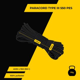 EDCX 4 mm Polyester Paracord 550, 25+ Colours (15, 30 and 50 m) - Type III, 100% Nylon Rope, 7 Stranded Rope, 4 mm Nylon Rope in Many Colours, Solid Colours (Black, 30 m)