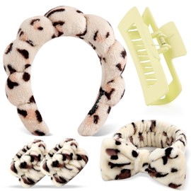 Zkptops 5Pcs Spa Headband for Washing Face Wristband Set Sponge Makeup Skincare Terry Cloth Bubble Soft Hairband Claw Clips for Thick Hair Puffy Headwear Non Slip Hair Accessory (Leopard Print)