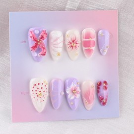 MZCMSL Handmade Nail Tips, Medium, Long, Almond, Purple White, Pink Gold, Fake Nails, 3D Flowers, Japanese Pattern, Design, Stylish, Fake Nails, 10 Pieces, XS