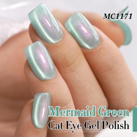 Double Rhythm 15ML Glass Cat Eye Gel Polish with Magnet Same Color Same Bottle Holographic Glitter Shimmer Salon Soak Off Magnetic Nail at Home (Mermaid Green-MC1171)
