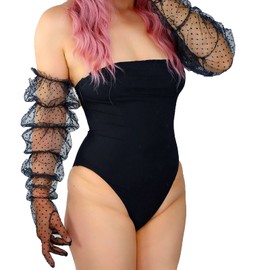 DooWay Women's Fashion Long Evening Gloves Puff Sleeve Stretch TOUCHSCREEN Black Polka Dots Lace Sheer 85cm