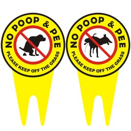 Blissbear 2 PC No Pooping Dog Signs with Stake for Yard - 13.8" x 7.9" - Yellow Aluminum Signs - Formal Style - Keep Off The Grass, Stop Dogs from Pooping on Your Lawn/Garden/Courtyard/Park