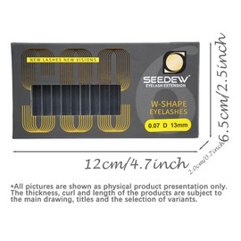 SEEDEW 6D Lash Extensions, 0.07mm C Curl 12mm 12 Rows/Tray, W Shape Flat Stem, Korean PBT Mega Volume False Eyelashes Grafting for Beginner Artist, Lash Tech, Beauty Salon(6D-Matte Black-0.07-C-12mm)