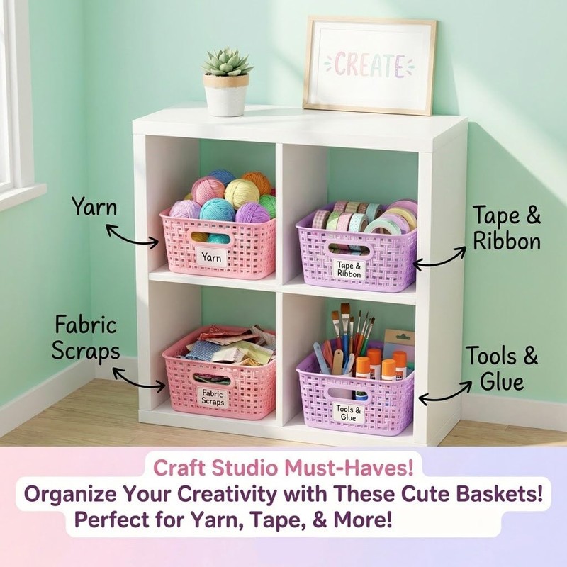 Mixed Color Small Plastic Open Storage Weave Baskets, 6-Pack Versatile