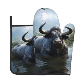 YYHWHJDE Water Buffalo Picture Oven Mitts and Pot Holders Sets of 2 Kitchen Baking Used to Open Pot lids in The Kitchen and to Carry Dishes from Microwave ovens
