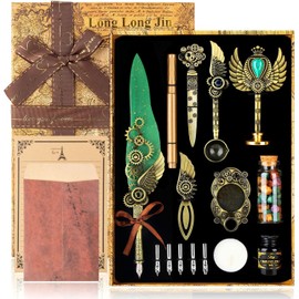 LongLongJin Quill Pen Ink Set with Seal Stamp - Feather Calligraphy Pen and Ink Set, Wax Seal Stamp Kit, Calligraphy Copybook,Beginner Calligraphy Quill Pen Lovers of All Ages Selection Gift (Green)