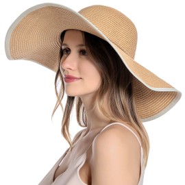 Muryobao Womens Sun Straw Hat Wide Brim UV UPF 50 Summer Hat Foldable Roll up Floppy Beach Cap for Women, Khaki, One Size
