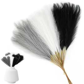 Artificial Pampas Grass,15PCS Pampas Grass Plant, Vase Filler Faux Pompous Grass,White/Black/Grey Artificial Pampas,Branches Bouquet Flora Feathers Decoration for Living Room, Home, Floor Vase, Weddi