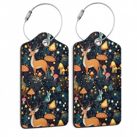 2 Pack Mushrooms Luggage Tag for Suitcases Deer Forest Animal PU Leather Bag Travel Suitcase ID Identifier Baggage Tags for Women Men Travel