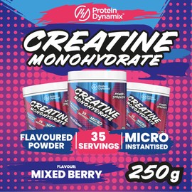 Protein Dynamix - Creatine Monohydrate Powder • Mixed Berry Flavour • 250g Tub (38 Servings) • Vegan & Gluten Free • Micronised Creatine Supplement for Muscle Strength, Power, Performance & Recovery