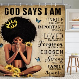 Yookeb Black Woman Inspirational Bathroom Shower Curtain 60W by 71H Inch African American Bible Christian Afro Motivational Positive Polyester Fabric 12 Plastic Hooks Waterproof Decor