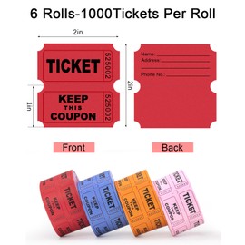 Colemoly 1000 Raffle Tickets Roll, 3000 Pairs 6 Rolls 2" x 2"-500 Pairs per Roll 50/50 Double Roll Tickets 6000 Pieces in Total for Events, Admission, Classroom Rewards (Blue, Red, Pink, Orange)