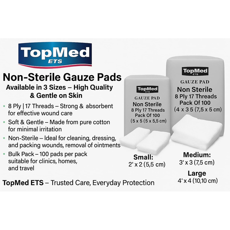 Cotton Gauze Swabs, Non-Sterile,White,8 Ply 17 Threads Pack of 100