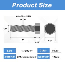 Tayffency 10Sets 1/4-20 x 1" Hex Head Bolts Screws,304 Stainless Steel Hex Bolts/Nuts, 1/4 Flat Washers and Lock Washers, Machine Fully Thread, Assortment Kit