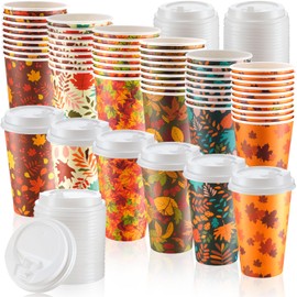 Sunnychicc 60 Pcs Fall Disposable Coffee Cups with Lids 16oz Maple Leaves Paper Cups Beverage Drinking Cup for Thanksgiving Harvest Autumn Party Restaurant Travel Business Supplies, 10 Styles