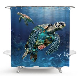 Nazapher Sea Turtle Shower Curtain Set, 4-Piece Ocean-Themed with Marine Life Design, Includes Waterproof Shower Curtain, Non-Slip Rugs, Toilet Lid Cover, and 12 Hooks for Bathroom Decor, 71" x 71"