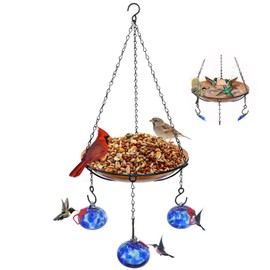 Wind Chimes Hanging Bird Feeders for Outdoors ＆ Bird Bath ＆ Hummingbird Feeders for Outdoors 3-in-1,Hand Blown Glass Hummingbird Feeder Balls,Detachable Bird Feeder ＆ BirdBath(11in)