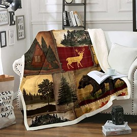 Patchwork Rustic Cabin Throw Blanket For Bed Couch Twin 60"X80",Woodland Animal Deer Bear Plush Bed Blanket Farmhouse Lodge Fleece Blanket For Kids Adults Camping Mountain Pine Trees Sherpa Blanket